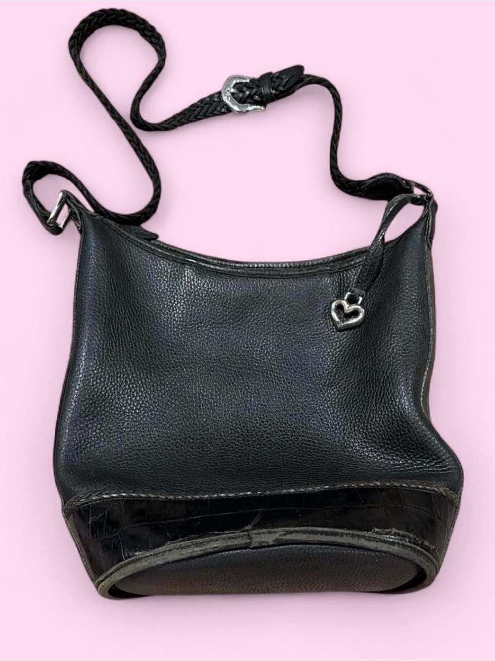 Brighton Black Pebbled Leather Shoulder Bag with Heart Charm